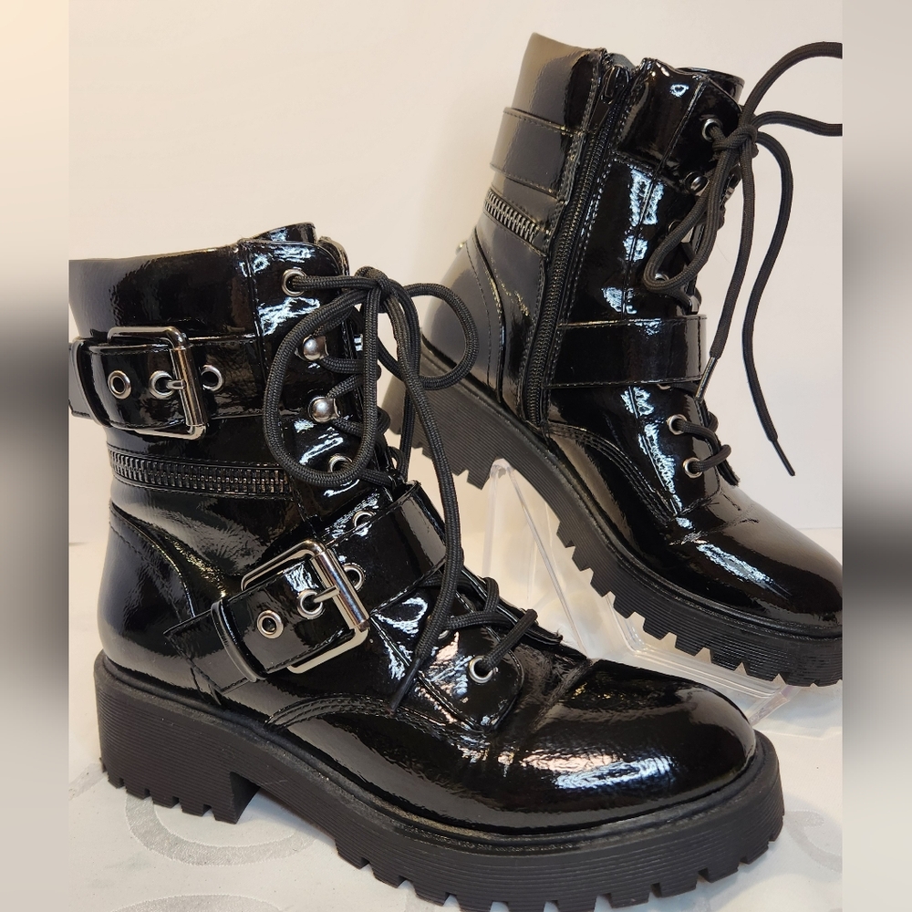 GBG Los Angeles Shiny Black Combat Moto Boots Lace Up Side Zip Boot Size 6